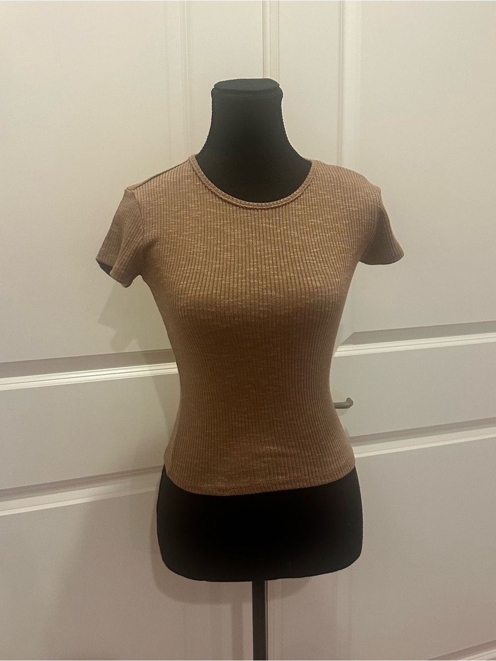Ribbed Short Sleeve Crewneck Top in Brown